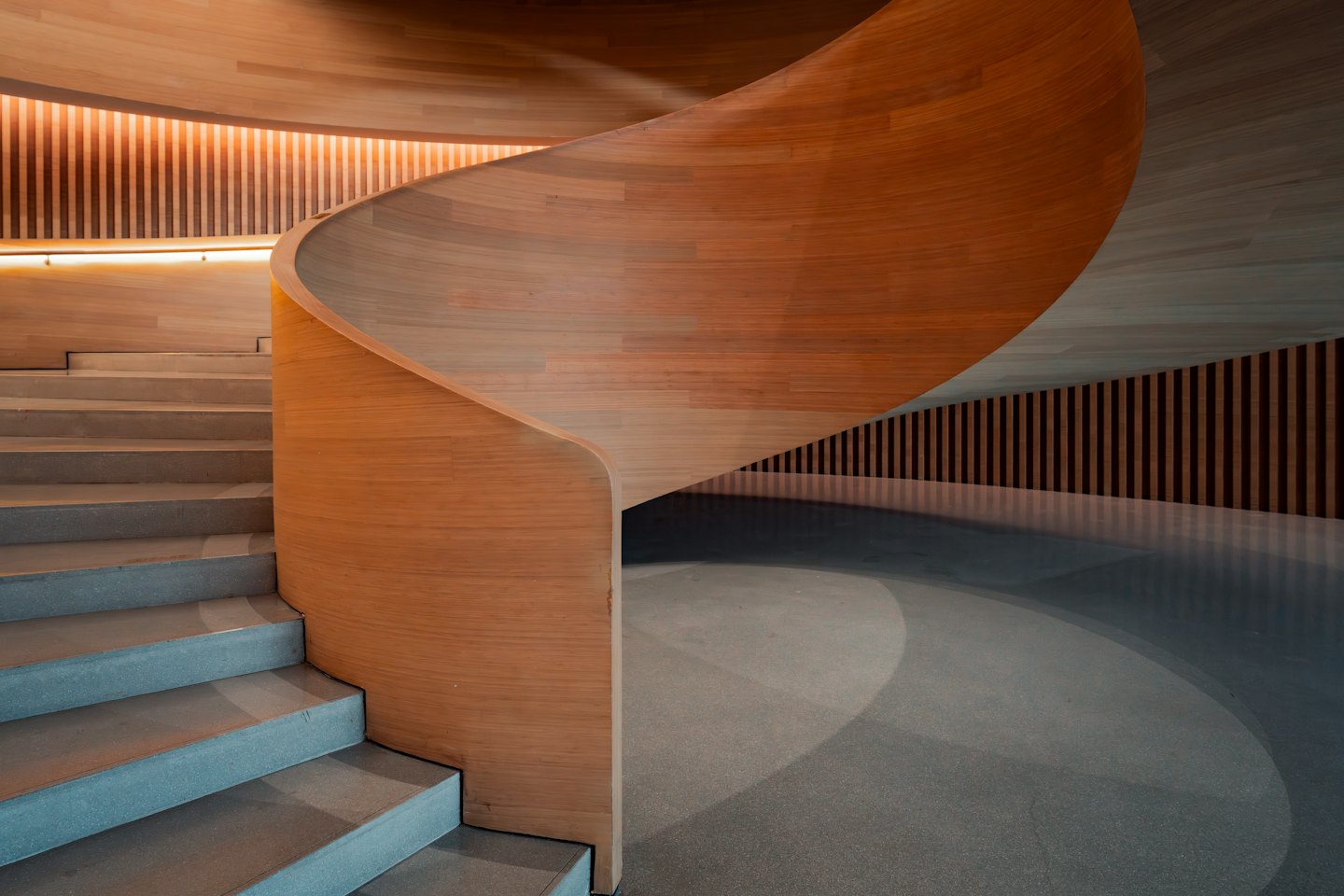 Moderna escalera de caracol de madera que sube en un edificio minimalista de hormigón.