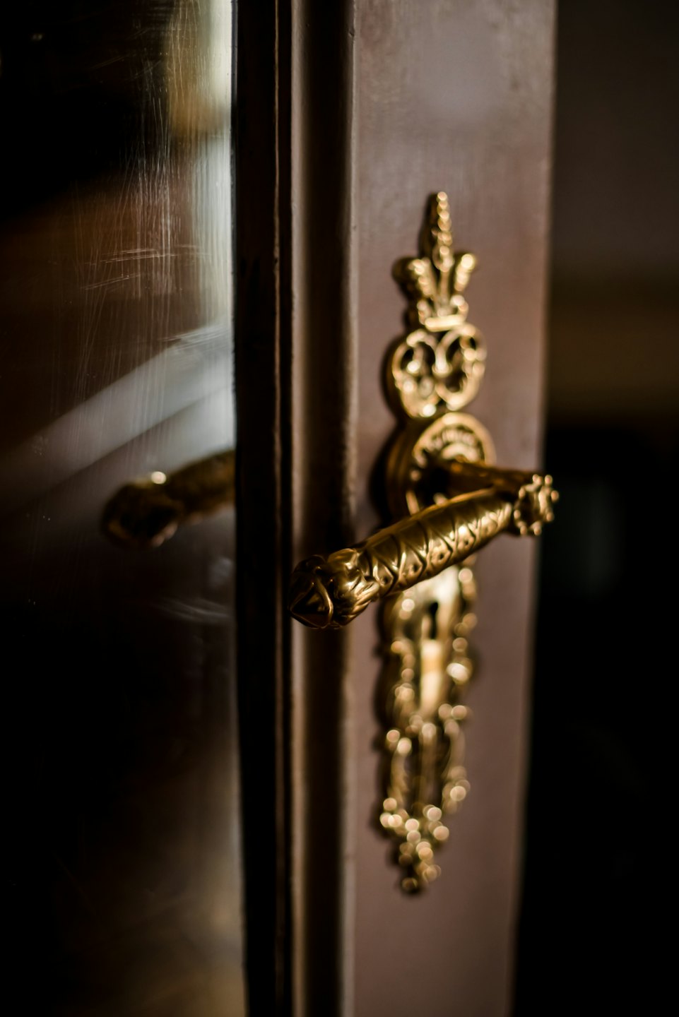 Pomo dorado de latón ornamentado en una puerta de madera.
