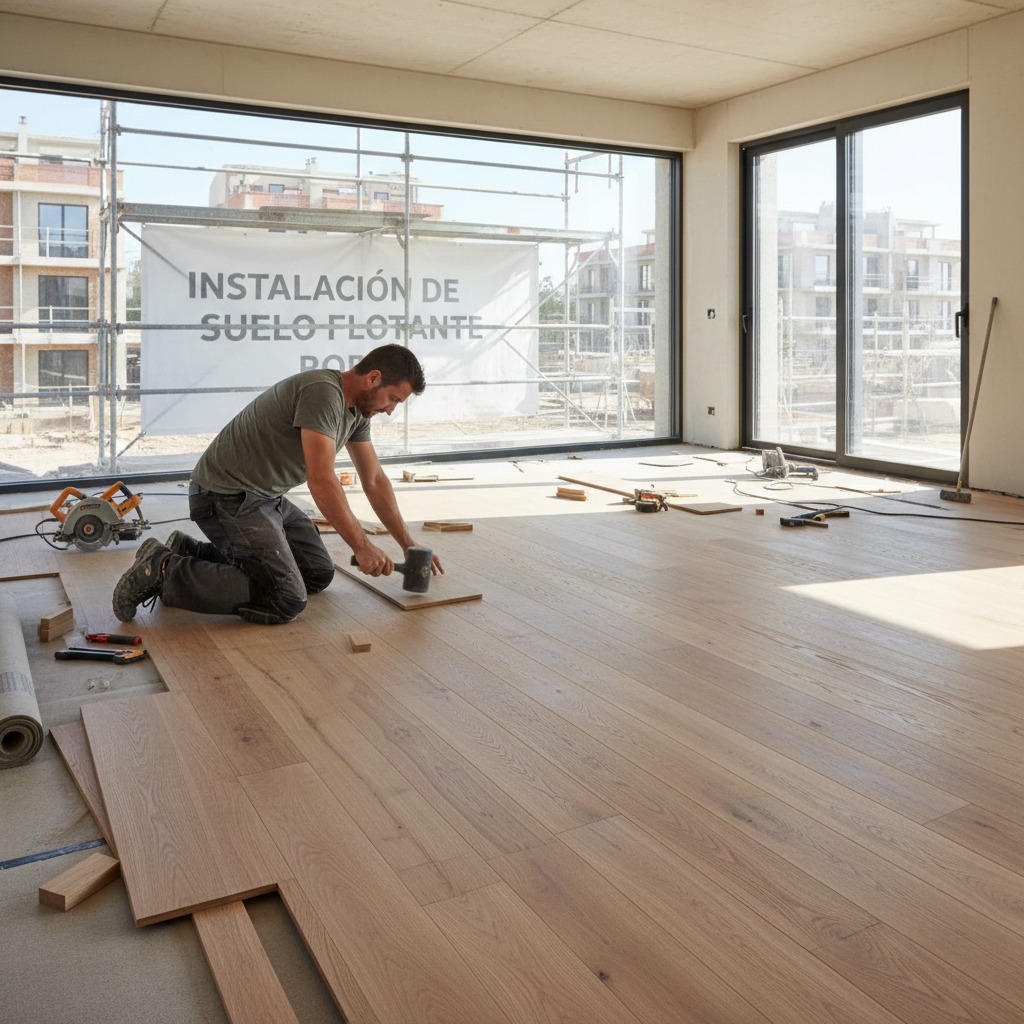 Un instalador de suelos de madera arrodillado coloca una lamas de parquet con un mazo en una estancia luminosa en obras.