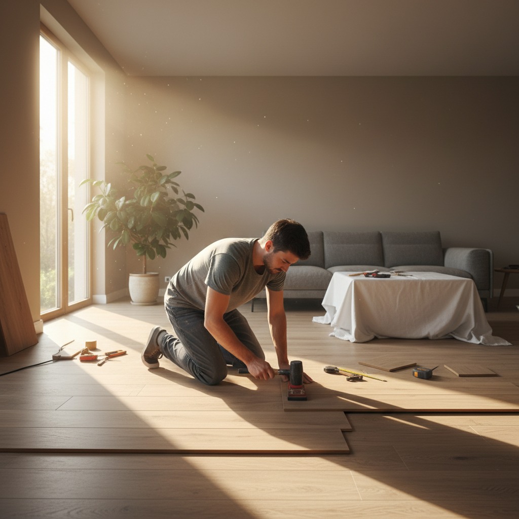 Un carpintero arrodillado instala suelo de parquet laminado en una sala de estar iluminada por el sol.